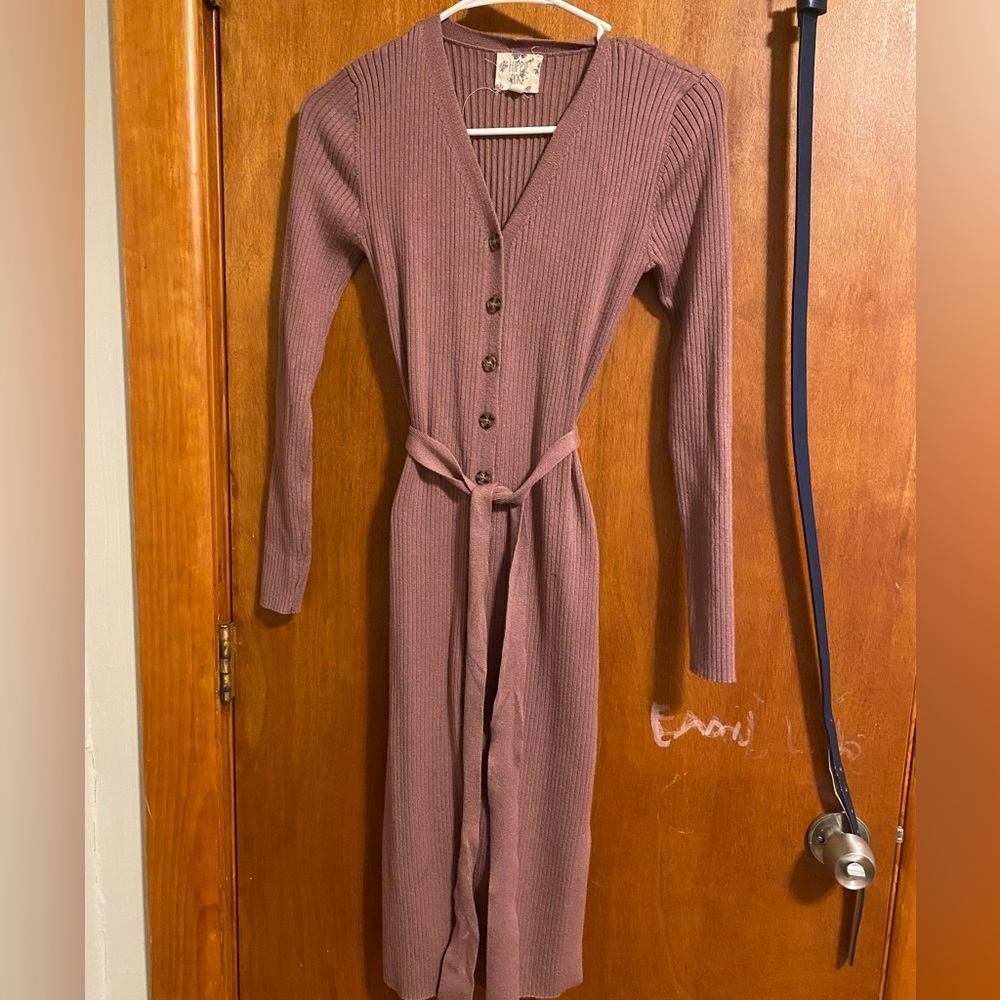 button down ribbed midi dress stretchy tie waist xsmall mauve